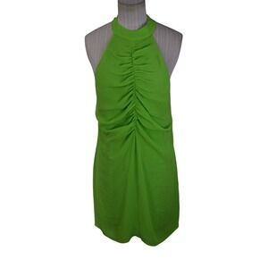 Staud Coastal Mini Dress 10 Lime Green Ruched Halter Neck Gauzy Lined Summer